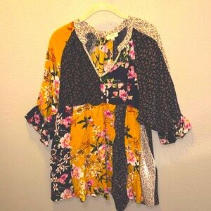 Umgee Boho Mini Dress Tunic Top Flowy Patchwork Floral Women’s Size Large